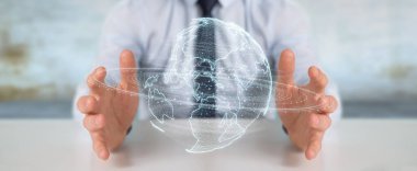 İşadamı üzerinde küre ağ hologram Amerika ABD harita 3d render ile kullanarak arka plan bulanık