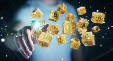 İşadamı bitcoins cryptocurrency 3d rendering kullanarak arka plan bulanık üzerinde