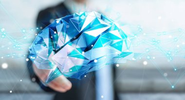 Hücre ve neurons aktivitesiyle 3d render dijital röntgen insan beyni arabirimini kullanarak iş adamı