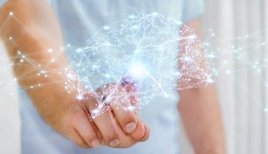 Hücre ve neurons aktivitesiyle 3d render dijital röntgen insan beyni arabirimini kullanarak iş adamı