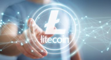İşadamı litecoins cryptocurrency 3d rendering kullanarak arka plan bulanık üzerinde