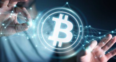 İşadamı bitcoins cryptocurrency 3d rendering kullanarak arka plan bulanık üzerinde