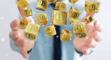 İşadamı bitcoins cryptocurrency 3d rendering kullanarak arka plan bulanık üzerinde
