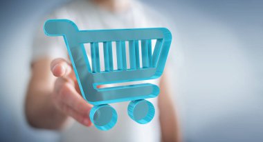 İşadamı dijital alışveriş simgeleri 3B oluşturmayı kullanarak arka plan bulanık üzerinde