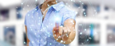 İşkadını planet earth ağ küre arabirimi 3d rendering kullanarak arka plan bulanık üzerinde