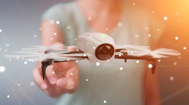 İşkadını modern dron 3B oluşturmayı kullanarak arka plan bulanık üzerinde