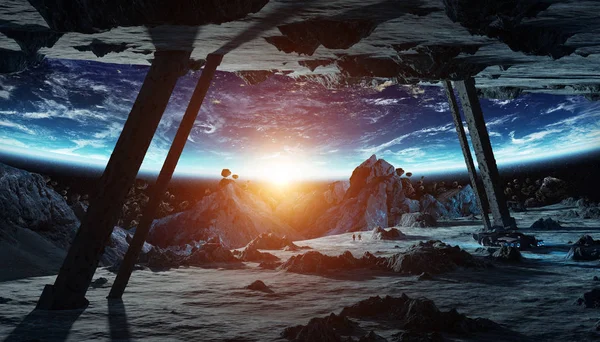 Астронавти Вивчення Величезний Астероїд Інопланетного Корабля Простір Рендерінг Елементів Цього — стокове фото