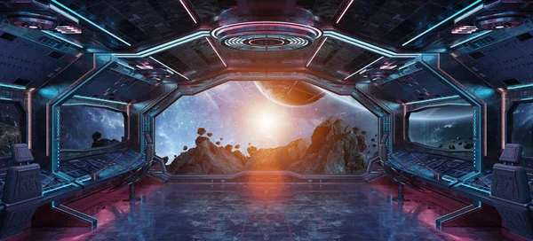 Grunge Kosmická Loď Modré Růžové Interiér Výhledem Vzdálených Planetách Systém — Stock fotografie