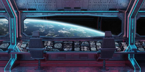 Grunge Nave Espacial Azul Rosa Interior Com Vista Para Planeta — Fotografia de Stock