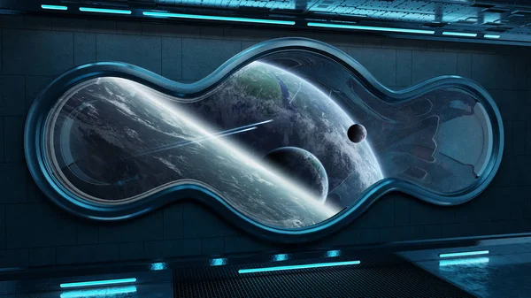 Чорний Tech Корабля Круглі Вікна Внутрішніх Справ Видом Далеких Планетах — стокове фото