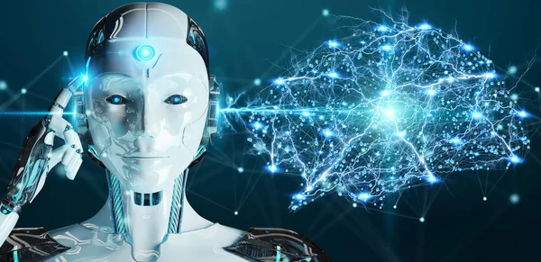 Vit Kvinna Humanoid Suddig Bakgrund Att Skapa Artificiell Intelligens Rendering — Stockfoto