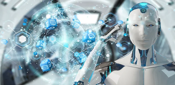 Dijital ekran arabirimi 3d rendering kullanarak arka plan bulanık beyaz erkek robot