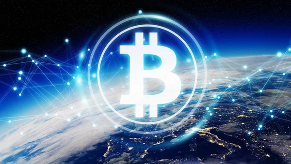 Bitcoins Değişimleri Bağlantıları Dünya Işleme Öğeleri Nasa Tarafından Döşenmiş Görüntünün — Stok fotoğraf