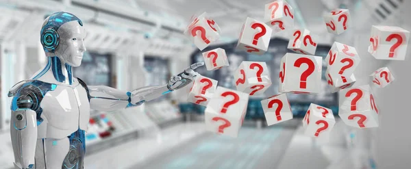 White Robot Blurred Background Using Digital Question Marks Rendering — Stock Photo, Image