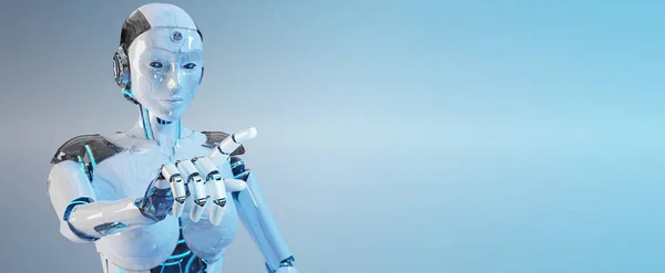 Femeia Albă Cyborg Îndreptându Degetul Izolat Fundal Albastru Redare — Fotografie, imagine de stoc