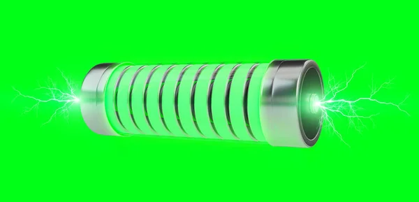 緑の背景 レンダリングに電光と緑色のバッテリ — ストック写真