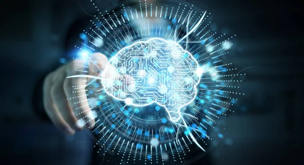 İşadamı dijital yapay zeka simgesi hologram 3B oluşturmayı kullanarak arka plan bulanık üzerinde