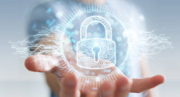 Businessman on blurred background protecting his datas with digital security hologram 3D rendering
