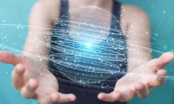 Şkadını Dijital Küre Bağlantısı Hologram Oluşturmayı Kullanarak Arka Plan Bulanık — Stok fotoğraf