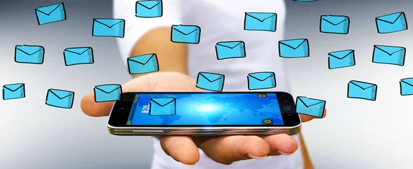 Empresário Fundo Desfocado Segurando Mails Esboço Sobre Telefone Móvel — Fotografia de Stock