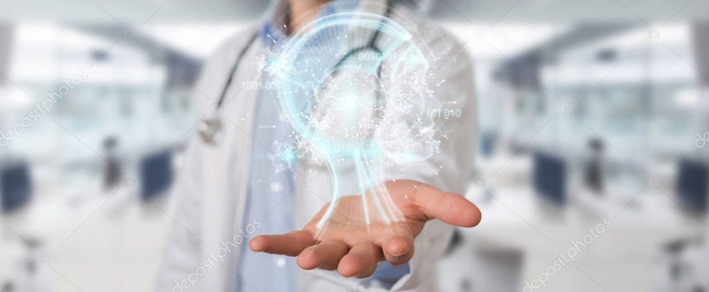 Doctor on blurred background using digital artificial intelligence interface 3D rendering