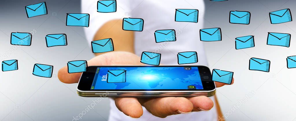Businessman on blurred background holding emails sketch over mobile phone
