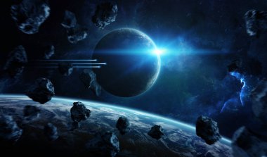 Güneş doğarken dış gezegenlerle uzaydaki uzak gezegen sistemi NASA tarafından desteklenen bu görüntünün elementlerini oluşturur.