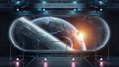 Siyah teknoloji uzay gemisi yuvarlak pencere iç uzak sistem 3d işleme öğeleri Nasa tarafından döşenmiş bu görüntünün üzerinde manzaralı