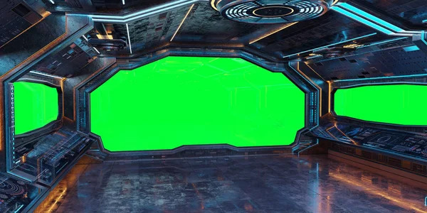 Grunge Interiér Kosmické Lodi Zeleným Pozadím Vykreslování — Stock fotografie