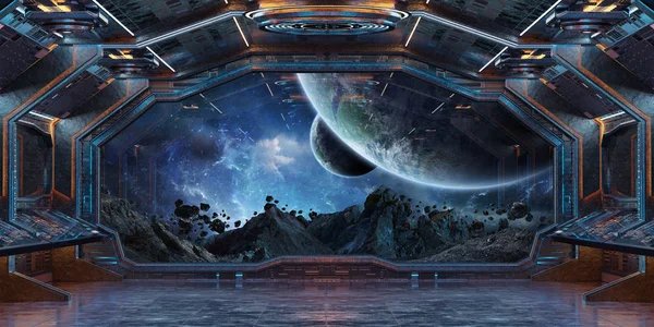 Grunge uzay gemisi Mavi ve turuncu iç uzak sistem 3d işleme öğeleri Nasa tarafından döşenmiş bu görüntünün üzerinde manzaralı