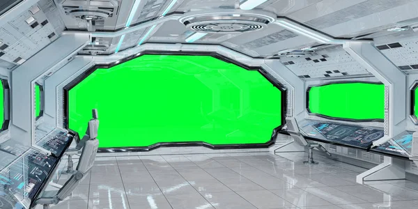 White clean spaceship interior with green background 3D rendering