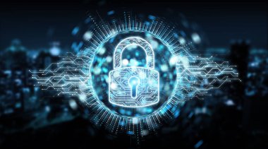 Dijital güvenlik hologram asma kilit mavi şehir arka plan 3d render ile