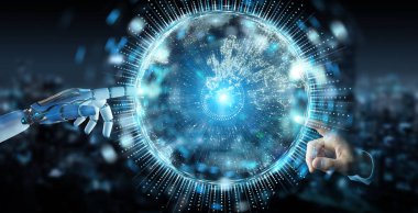 Dünya ağ hologram Europe harita 3d rendering ile kullanarak arka plan bulanık beyaz insansı el