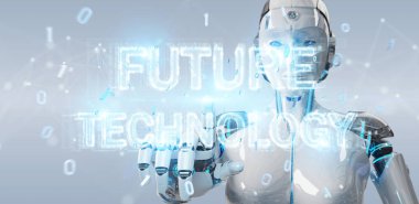 Geleceğin teknolojisi metin hologram 3B oluşturmayı kullanarak arka plan bulanık beyaz kadın robot