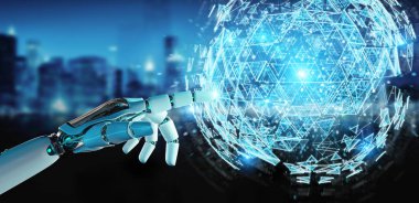 Beyaz robot el dijital üçgen küre hologram 3d render patlayan kullanarak arka plan bulanık üzerinde