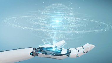 Beyaz robot el dijital küre bağlantısı hologram 3B oluşturmayı kullanarak arka plan bulanık üzerinde