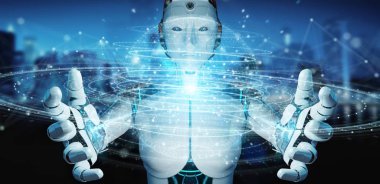 Dijital üçgen patlayan küre hologram 3B oluşturmayı kullanarak arka plan bulanık beyaz robot kadına