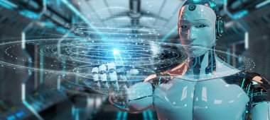 Dijital küre bağlantısı hologram 3B oluşturmayı kullanarak arka plan bulanık beyaz robot