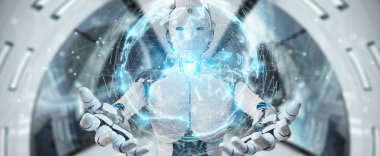 Dijital küre bağlantısı hologram 3B oluşturmayı kullanarak arka plan bulanık beyaz robot kadına