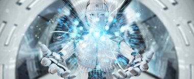 Dünya ağ hologram Amerika ABD harita 3d render ile kullanarak arka plan bulanık beyaz robot kadına