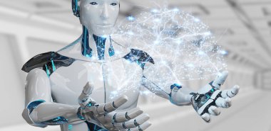 Yapay zeka 3d render oluşturma bulanık arka plan üzerinde beyaz adam insanımsı