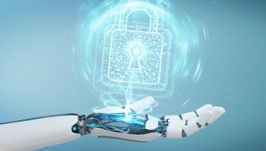 Beyaz robot el bulanık arka plan dijital veriler 3B oluşturmayı güvenliğini sağlama