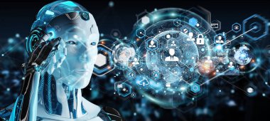 Dijital ekran arabirimi 3d rendering kullanarak arka plan bulanık beyaz erkek robot