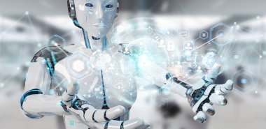 Dijital ekran arabirimi 3d rendering kullanarak arka plan bulanık beyaz kadın robot
