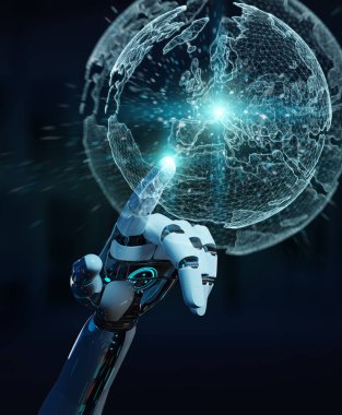 Beyaz robot el dijital ekran arabirimi 3d rendering kullanarak arka plan bulanık üzerinde