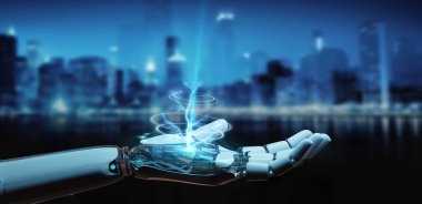 Beyaz cyborg elini şehir arka plan 3d render izole açma