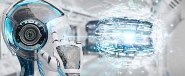 Dijital dünya hud arabirimi 3d rendering kullanarak arka plan bulanık beyaz kadın robot