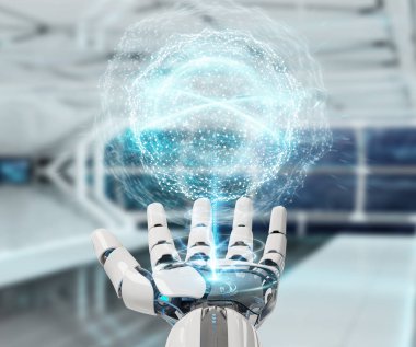 Beyaz insansı el dijital küresel ağ 3B oluşturmayı kullanarak arka plan bulanık üzerinde