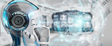 Dijital grafik arabirimi 3d rendering kullanarak bulanık arka plan üzerinde beyaz kadın cyborg