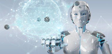 Planet Earth arabirimi 3d rendering kullanarak bulanık arka plan üzerinde beyaz kadın cyborg